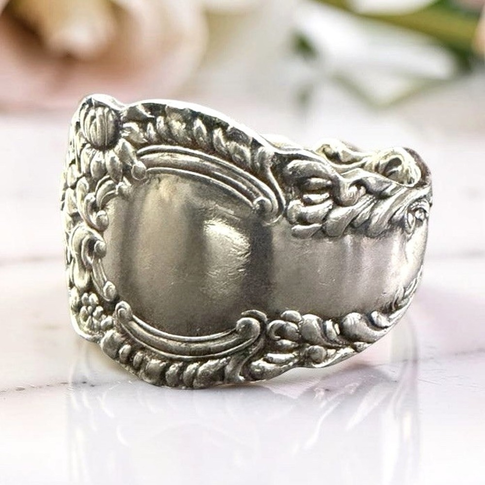 Vintage Sterling Silver Spoon Ring Size 12.25 Floral Repousse Pattern 10.48g